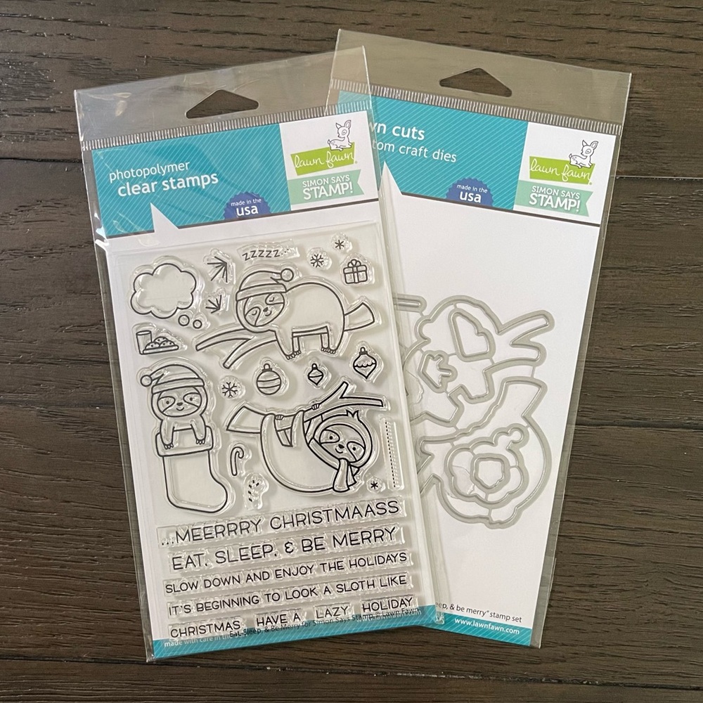 LAWN FAWN “Eat Sleep & Be Merry” 4”x6” clear stamp set & coordinating dies